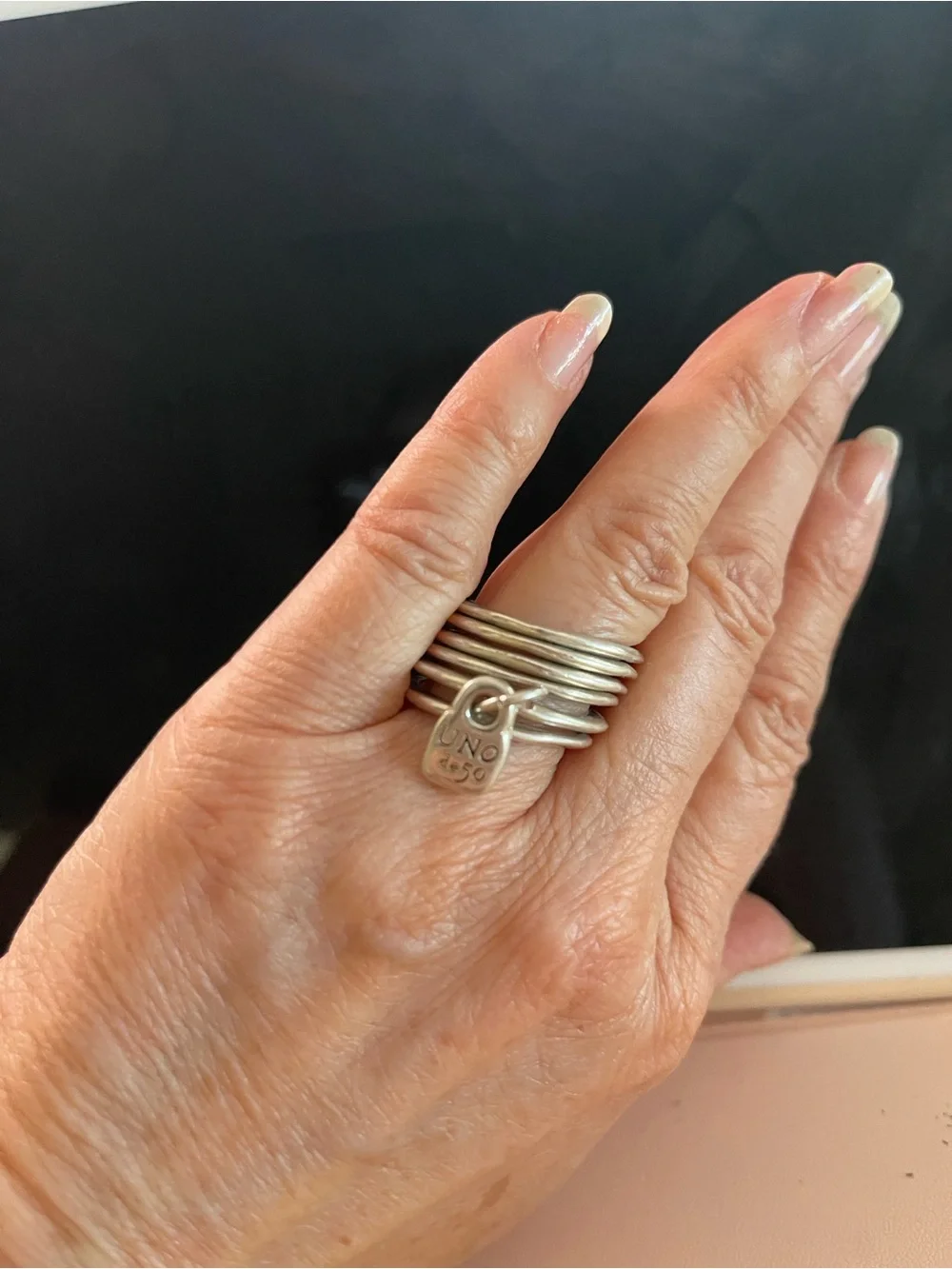 UNO de 50 Silver “prisoner”Multi-Ring Statement with Charm with Gift Pouch